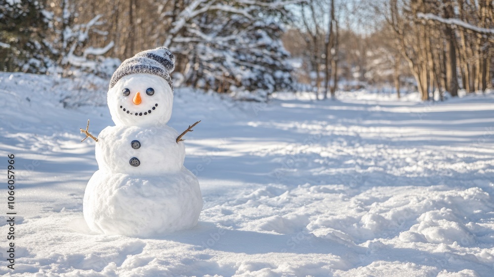 Obraz premium snowman in the snow at a sunrise