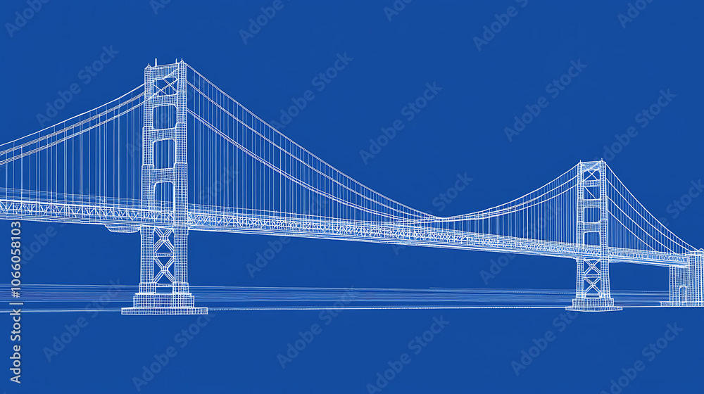 Fototapeta premium Wireframe blueprint of modern bridge on blue background