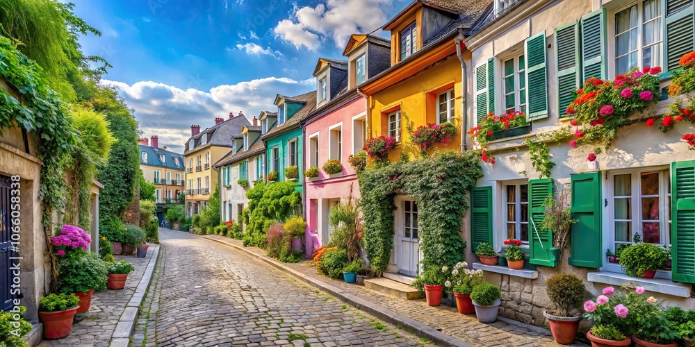 Fototapeta premium Charming neighborhood in Paris with cobblestone streets, colorful houses, and blooming flowers