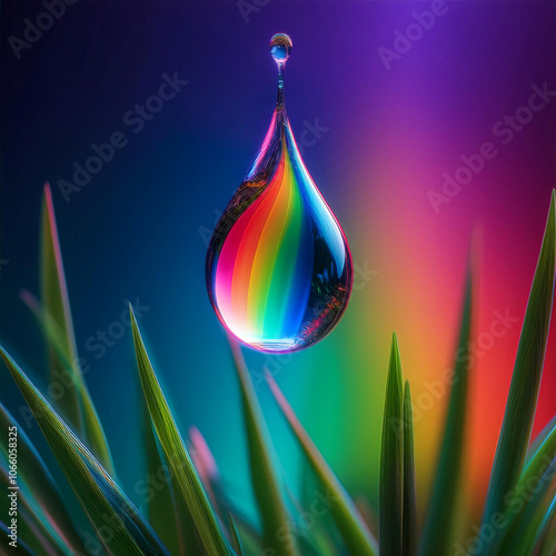 drop of water in rainbow over greeen grass