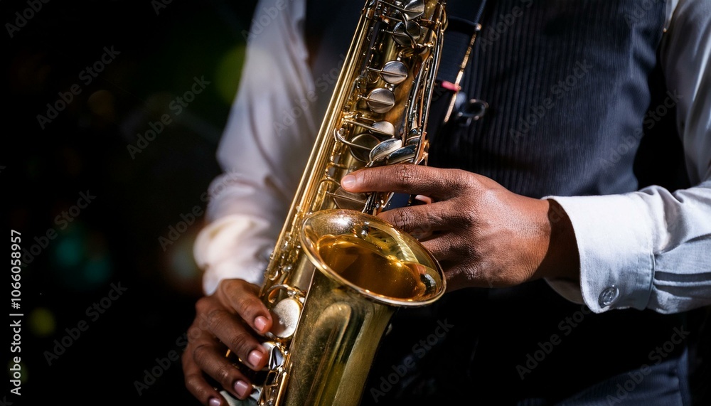 Obraz premium A close up view of a saxophone in the hands of a musician; music photography; a saxophone player is playing the instrument in a band; selective focus; dramatic lighting