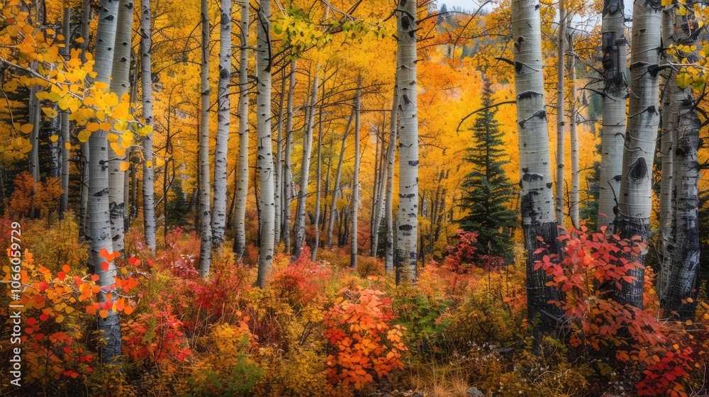 Fototapeta premium Vibrant fall hues in woodland, flat