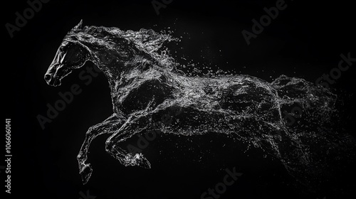 A black and white image of a horse leaping, with the horse's body made up of particles of light.