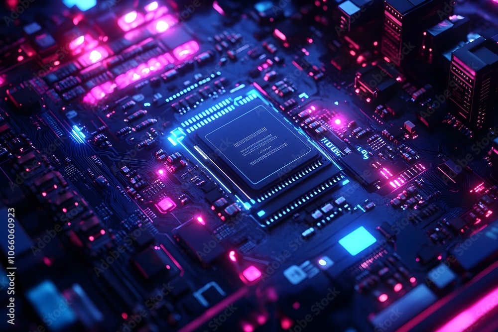 Fototapeta premium 주황색 빛을 내는 복잡한 전자 회로와 전자칩셋들이 있는 최신기술을 사용한 전자 기판 위에 고성능 CPU가 있습니다.