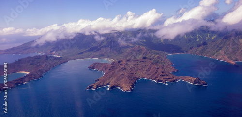 Aerial photo of the north coast of the island of Nuku Hiva in the Marquesas archipelago in French Polynesia