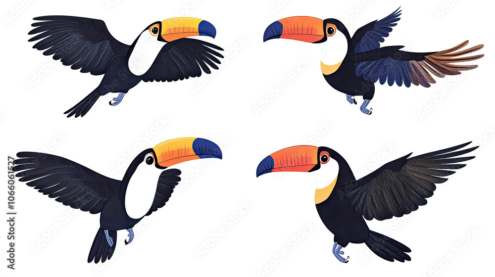 Obraz premium Toco Toucans Flying in Various Positions Over a Rainforest Backdrop Generative AI
