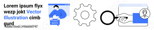 Blue text, person receiving cash back, gear, magnifying glass, hand holding credit card. Ideal for web development, e-commerce, financial services, tech gear, marketing, customer service, educational