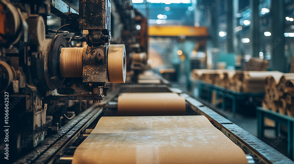 Naklejka premium Large industrial machine producing paper and cardboard in factory setting