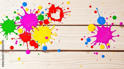 A collection of brightly colored paint splatters scattered across a wooden table, crafting, colorful paint photo