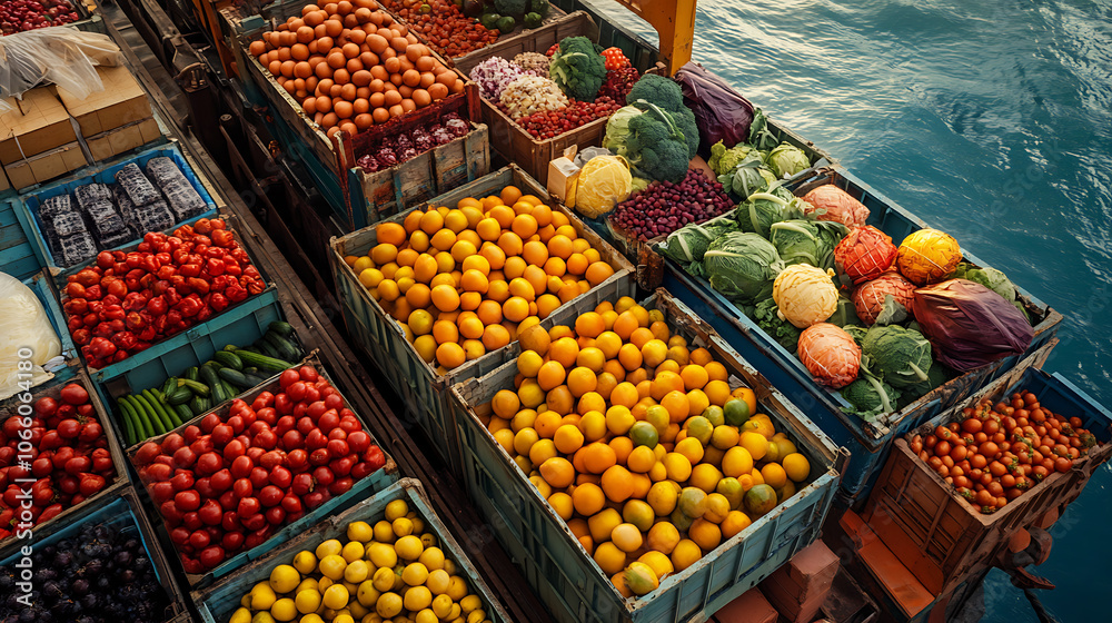 Obraz premium Fresh produce and cargo ship symbolize global food distribution and trade