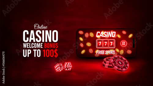 Casino online banner. Glowing poster mobile casino with 3d slot machine, chips and playing cards. Red dark background with fog elements. Vector illustration
