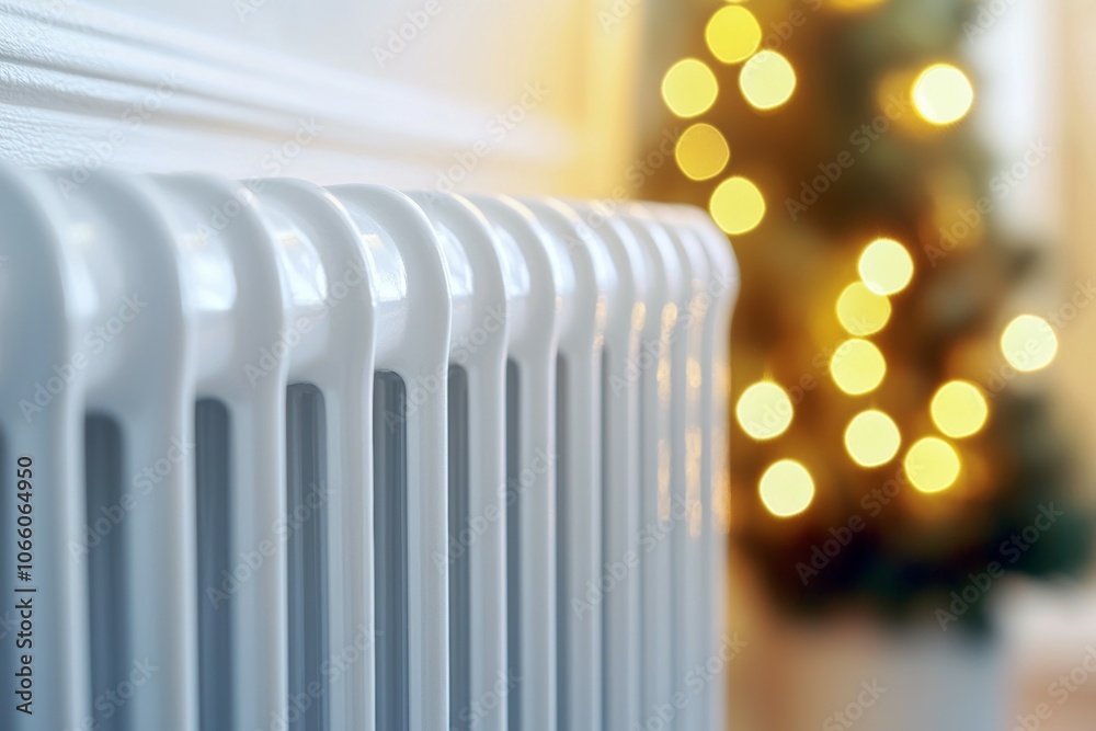 A white radiator with a Christmas tree in the background A white radiator with a Christmas tree in the background