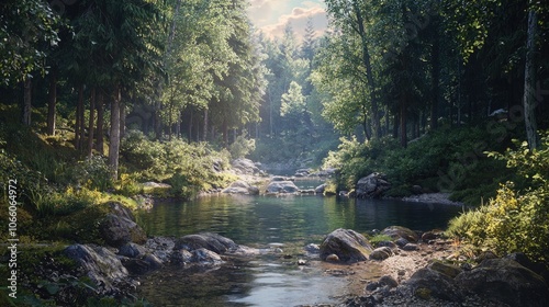 Sunlit Creek Winding Through a Lush Forest photo