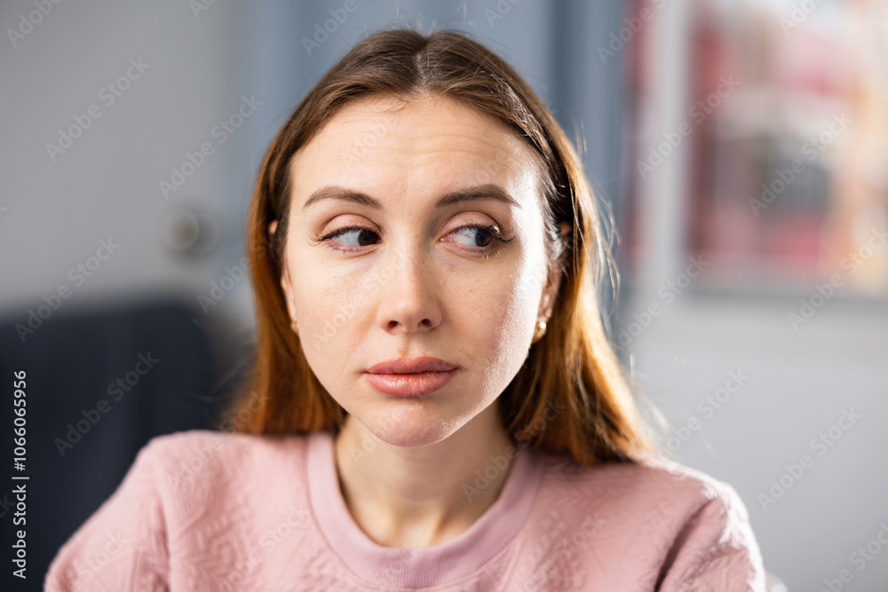 Portrait of a concentrated young woman performing a gymnastic exercise for the eyes. Close-up portrait Portrait of a concentrated young woman performing a gymnastic exercise for the eyes. Close-up portrait