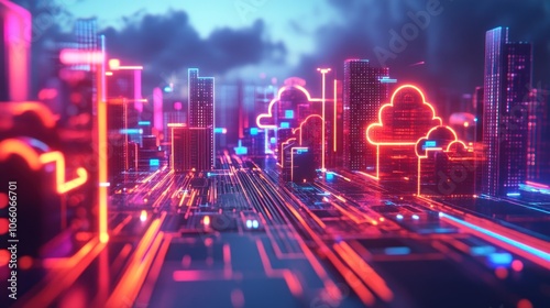 Neon Cloud Cityscape with Digital Infrastructure