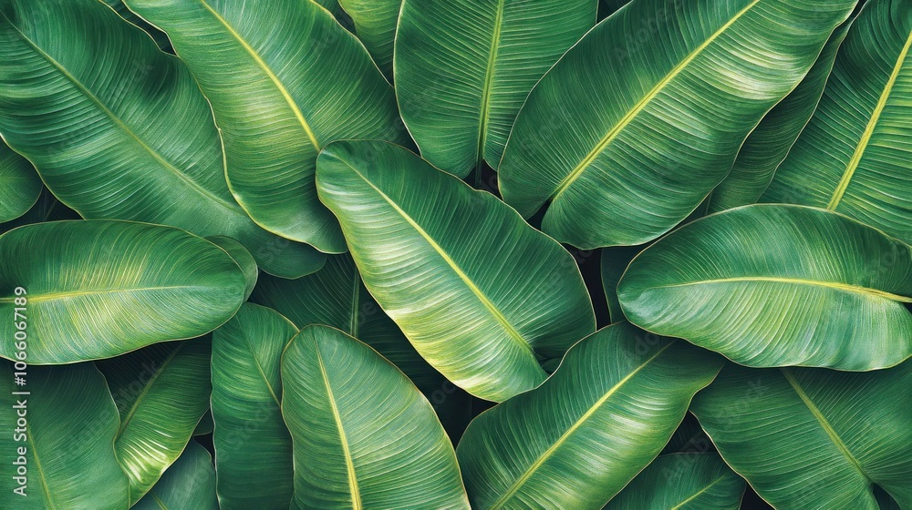 Obraz premium Lush green banana leaves arranged in an overlapping pattern.