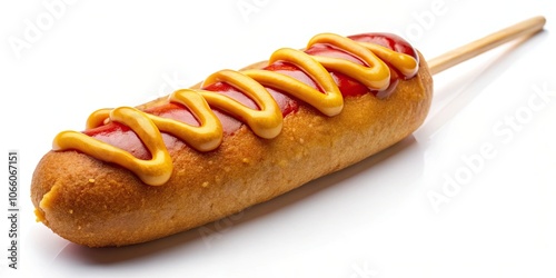Delicious corn dog with ketchup and yellow mustard on a white background, food, snack, fried, appetizer, tasty photo