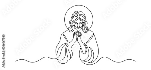 Jesus Christ praying in one continuous line drawing. Christian Symbol for easter and christmas in simple linear style. Editable stroke. Doodle vector illustration