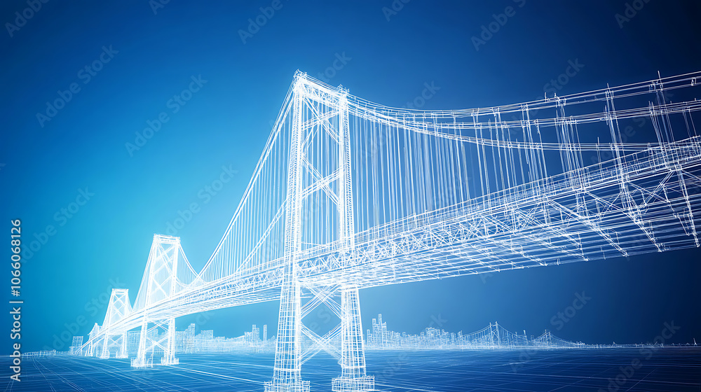 Obraz premium Bridge wireframe blueprint engineering design on blue background