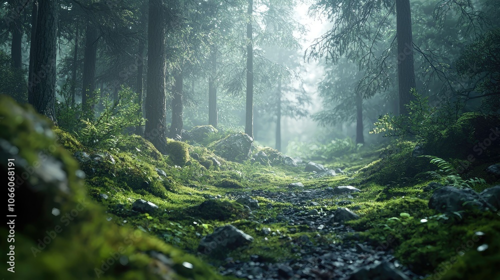 Obraz premium A Misty Forest Path Lined with Lush Greenery and Rocks