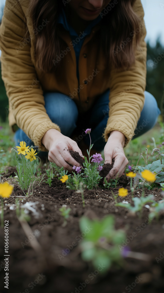 hardworking woman working the land, harvesting, and planting in a garden outdoors