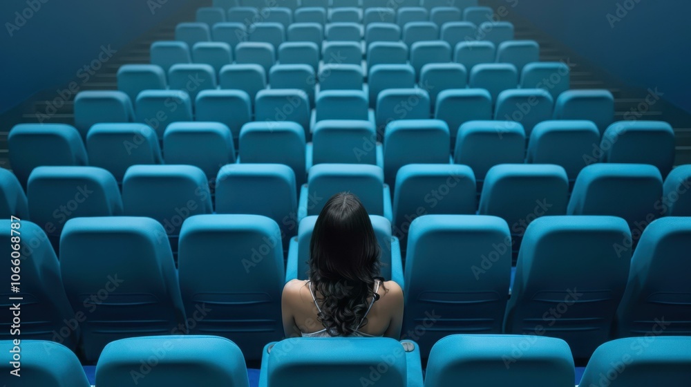 Fototapeta premium A woman enjoys a quiet movie night, sitting alone in an empty cinema hall, completely immersed in the film.