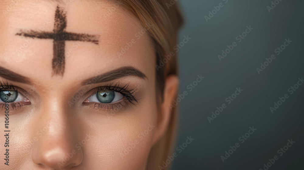 Fototapeta premium A woman with an ash cross on her forehead symbolizes faith and devotion during the sacred Ash Wednesday ceremony.
