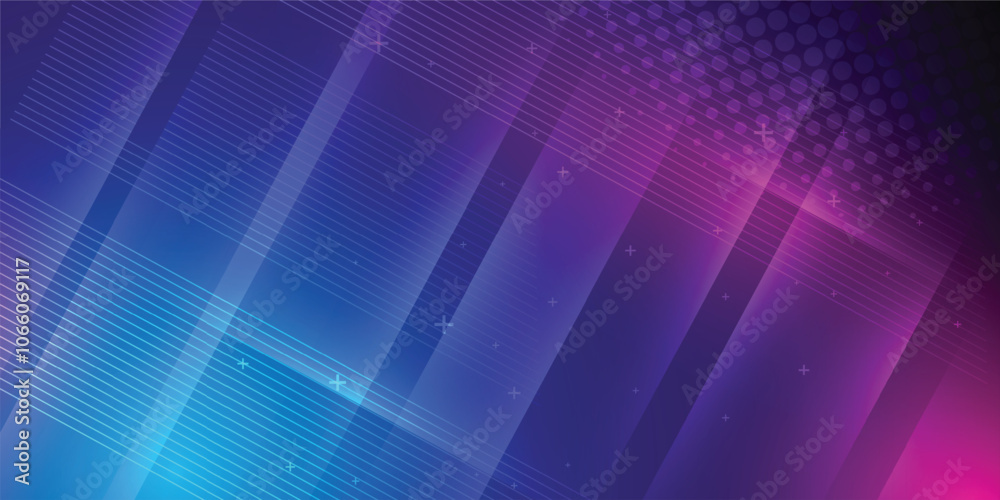 Obraz premium Blue and purple abstract background in vector illustration with glow and light effects, with parallel lines, bright geometric shape, design futuristic and elegant.