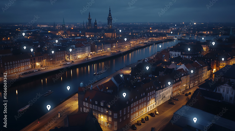 Fototapeta premium Aerial view of the Copenhagen skyline at night, with white pins on it representing buildings and shops that can be tiled to form a map for digital marketing, location pin icons floating Generative AI