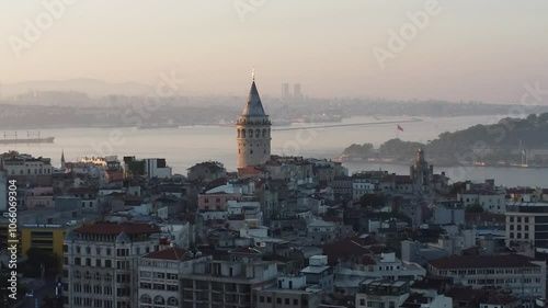 Istanbul Skyline Drone Footage Featuring Iconic Galata Tower, Bosphorus Views, and Historic Architecture in a Stunning Aerial Cityscape