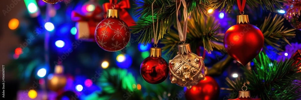Fototapeta premium Vibrant blend of colorful Christmas lights creating a festive holiday background, glowing lights, Christmas