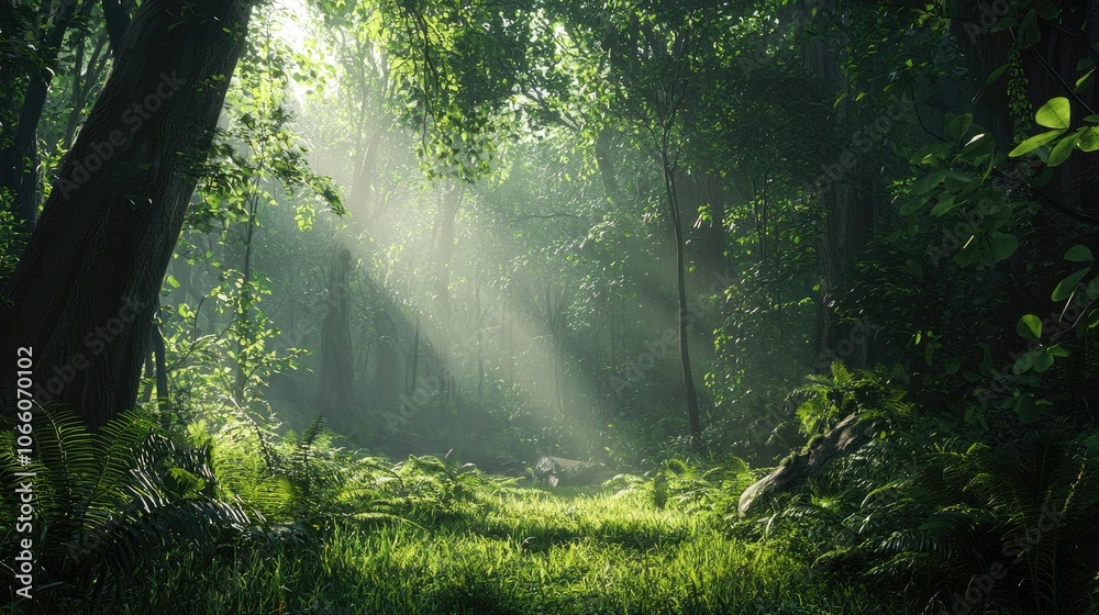 Fototapeta premium Sunbeams Piercing Through Lush Tropical Forest Canopy