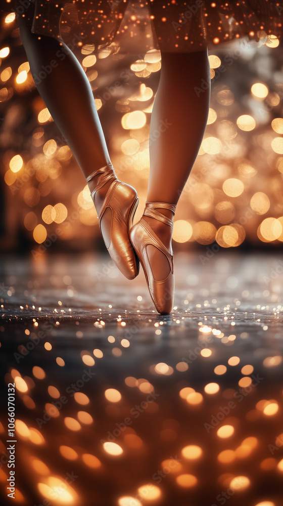 close up shot of a ballerina's feet in a pointe pose, wearing delicate pink shoes against a background of warm light sparkles