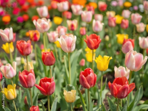 Vibrant line of yellow tulips blooming in a garden, botanical, outdoor