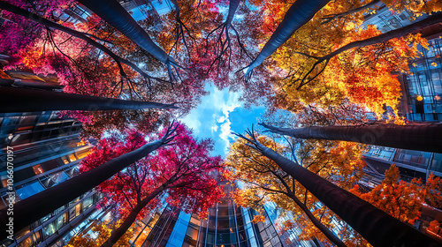 A view of the sky from below, looking up at tall trees with autumn leaves in various colors, creating an enchanting and colorful canopy Generative AI photo