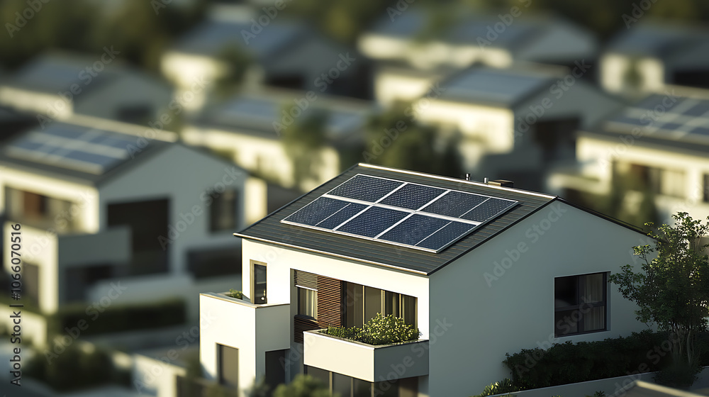 A row of modern townhouses with white walls and gray roofs against the blue sky on a sunny day Generative AI A row of modern townhouses with white walls and gray roofs against the blue sky on a sunny day Generative AI
