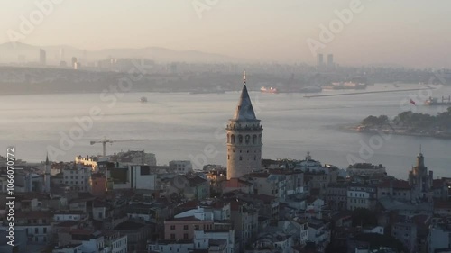 Istanbul Skyline Drone Footage Featuring Iconic Galata Tower, Bosphorus Views, and Historic Architecture in a Stunning Aerial Cityscape
