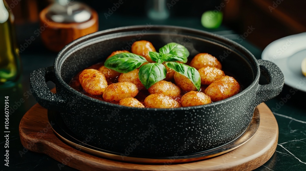 Steaming gnocchi with tomato sauce and basil in a black pot. Steaming gnocchi with tomato sauce and basil in a black pot.