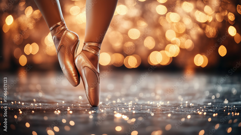 close up shot of a ballerina's feet in a pointe pose, wearing delicate pink shoes against a background of warm light sparkles