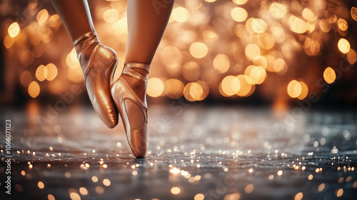 Obraz na płótnie close up shot of a ballerina's feet in a pointe pose, wearing delicate pink shoes against a background of warm light sparkles w salonie
