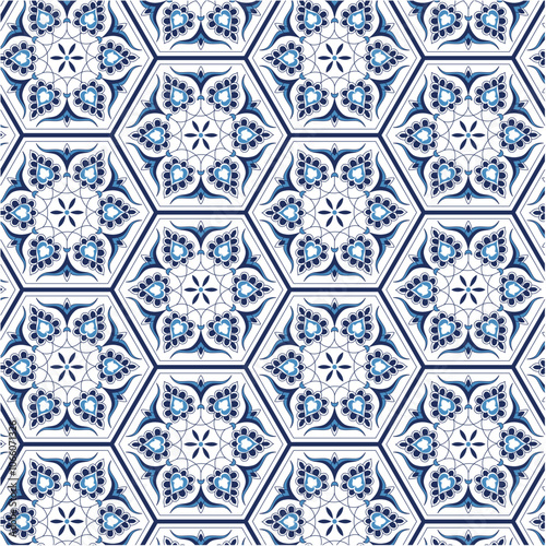 Iznik tile pattern with leaf motif in a hexagonal frame