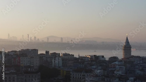 Istanbul Skyline Drone Footage Featuring Iconic Galata Tower, Bosphorus Views, and Historic Architecture in a Stunning Aerial Cityscape