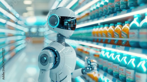 Experience the future as a humanoid robot shops leisurely in a grocery store, showcasing AIs potential in everyday tasks. photo