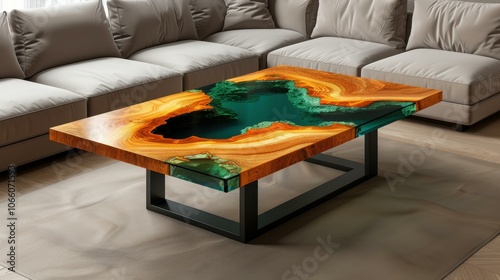 Discover the unique charm of a custom homemade table, designed with rich epoxy river accents for a stunning finish. photo
