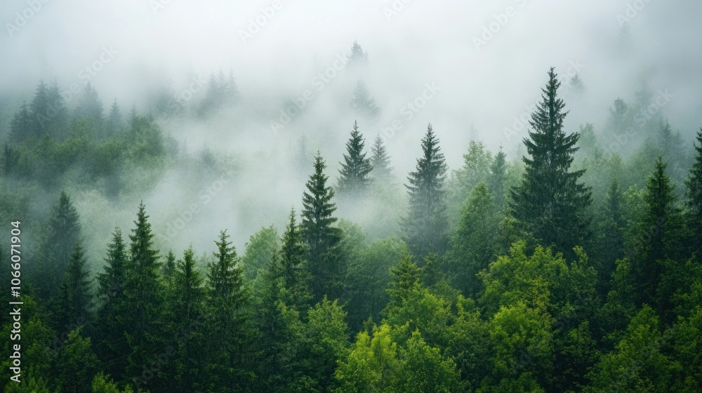 Misty forest view with trees shrouded in fog, creating an enchanting and tranquil atmosphere. Misty forest view with trees shrouded in fog, creating an enchanting and tranquil atmosphere.
