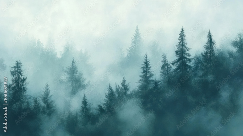 Fototapeta premium Misty forest view with trees shrouded in fog, creating an enchanting and tranquil atmosphere.