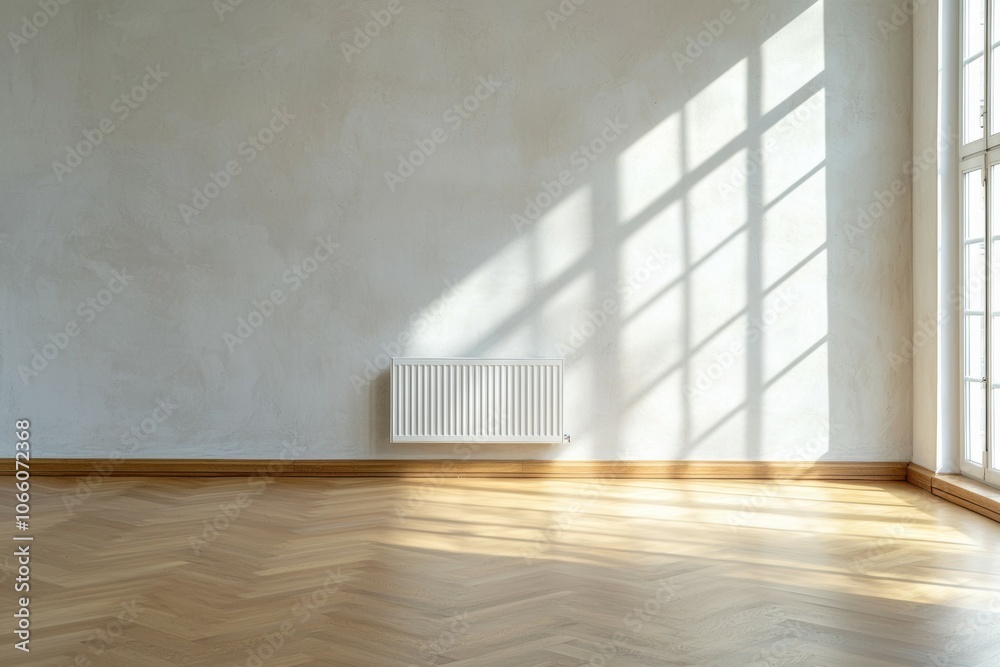 A large empty room with a white radiator in the corner A large empty room with a white radiator in the corner