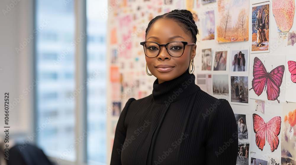 african american woman with glasses intellectual artist in a creative studio with design and branding elements, along with pink butterflies