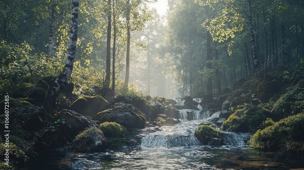 Obraz premium Sunlit Stream Flowing Through a Mossy Forest
