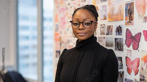Obraz na płótnie african american woman with glasses intellectual artist in a creative studio with design and branding elements, along with pink butterflies w salonie